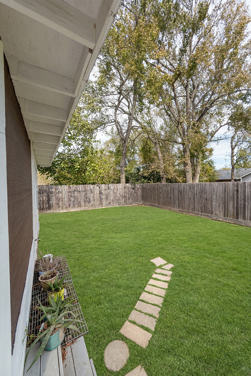Backyard after cleanup, lawn improvement, and water enhancement