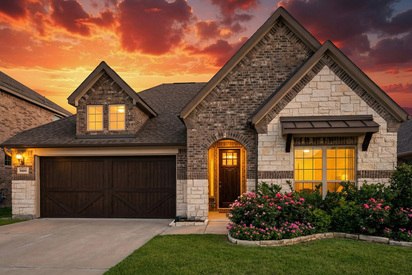 House exterior after virtual twilight with warm window glow