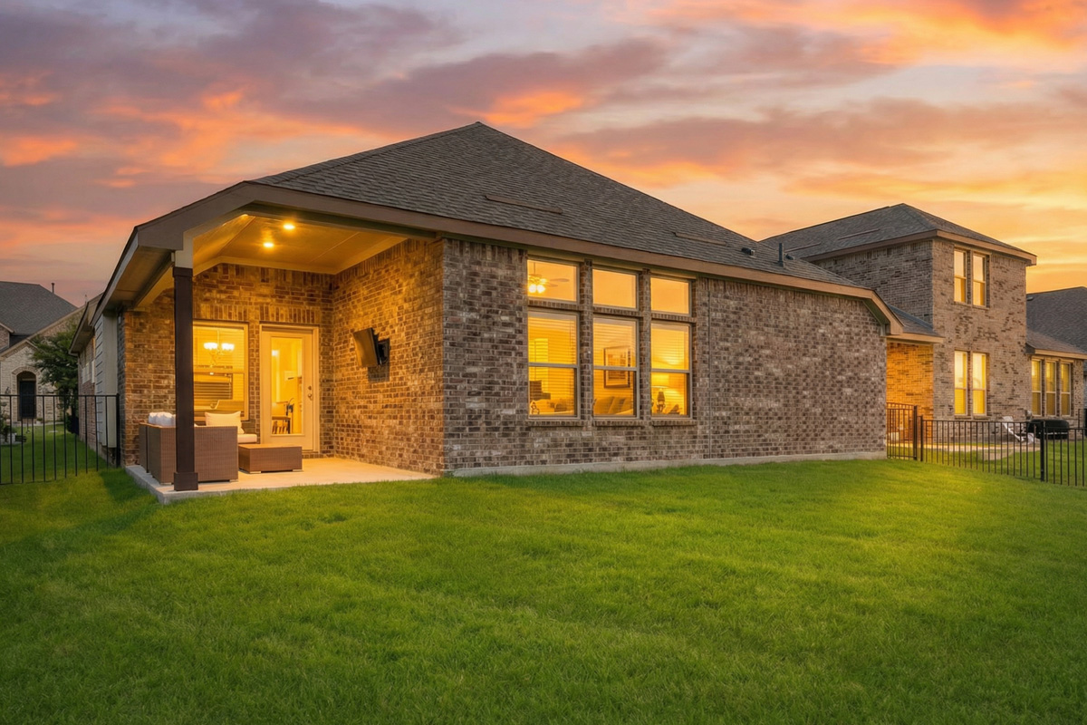 House exterior after virtual twilight with warm window glow