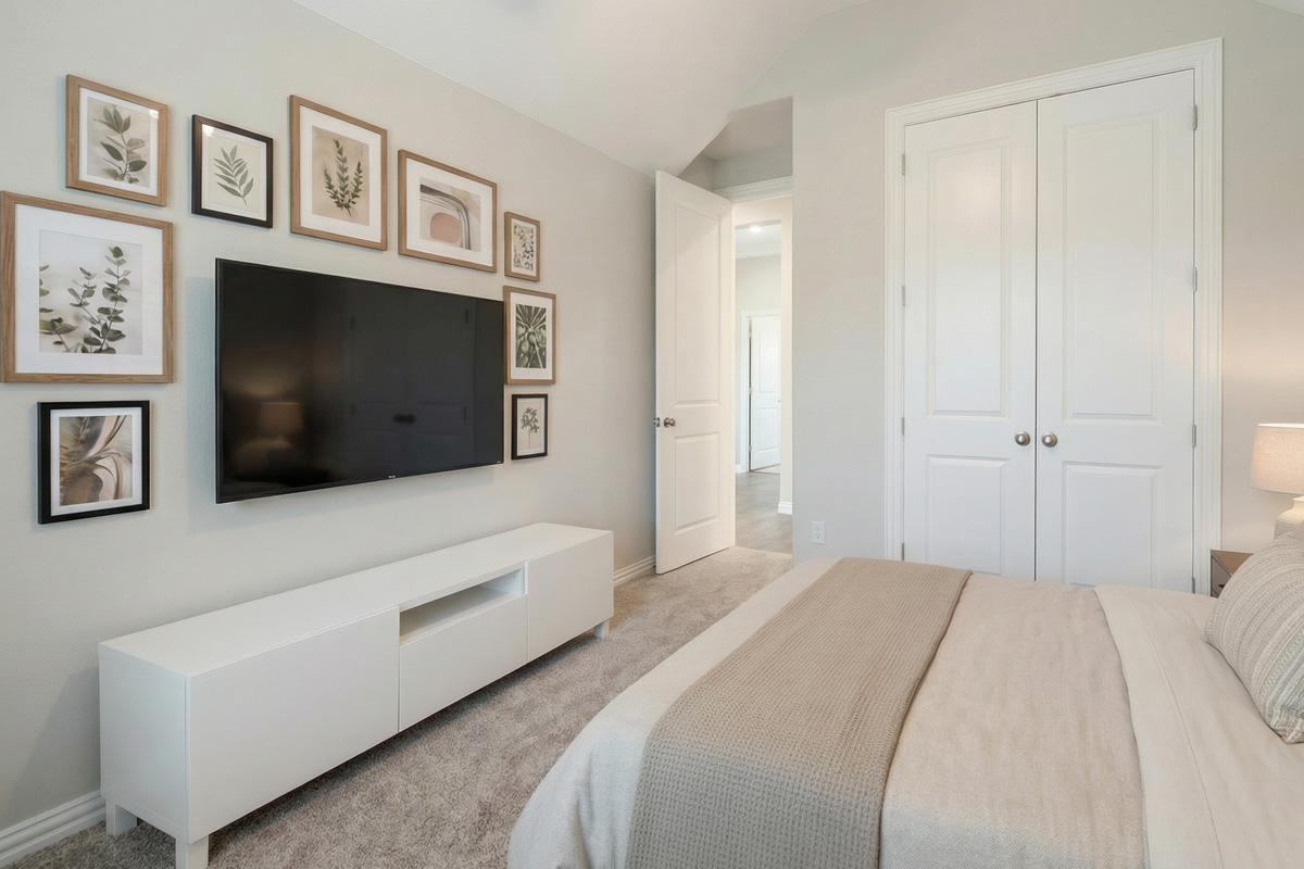 Bedroom virtually staged with bed, art, and decor