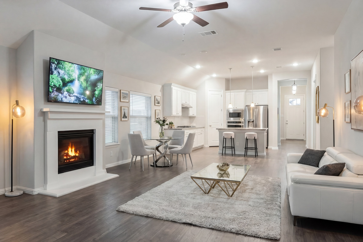 Living room virtually staged with furniture and decor